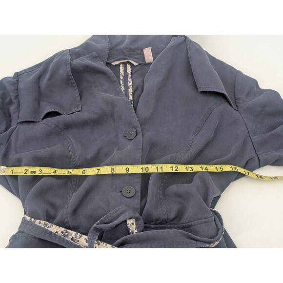 Laurie Felt Navy Blue Floral Trim Belted Button Up Collared Jacket Size S/M - Picture 4 of 10